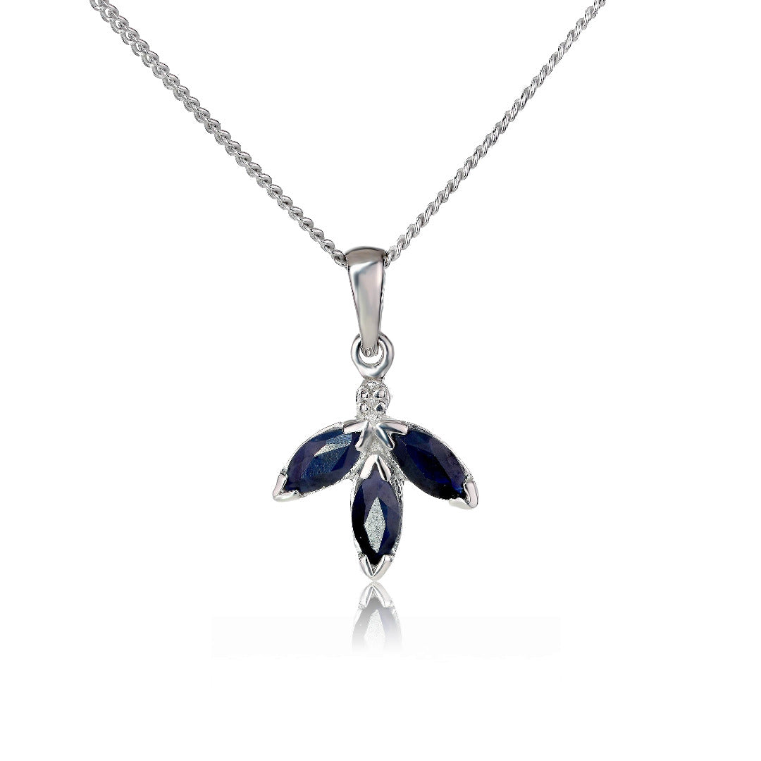 Sapphire Diamond Necklace Blue 1 ct Marquise 18'' Chain Rhodium Plated Silver 925