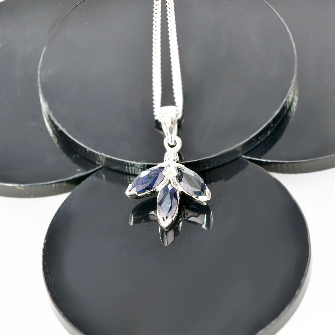 Sapphire Diamond Necklace Blue 1 ct Marquise 18'' Chain Rhodium Plated Silver 925