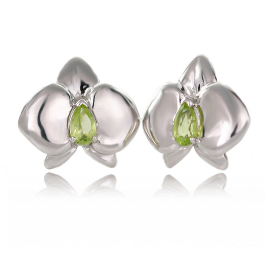 Peridot orchid flower earrings sterling silver