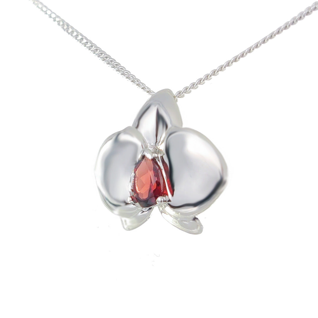 Garnet Aphrodite Orchid Necklace Sterling Silver