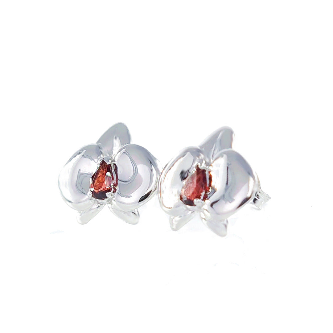 Garnet Aphrodite Orchid Stud Earrings Sterling Silver