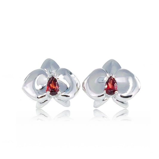 Garnet Aphrodite Orchid Stud Earrings Sterling Silver