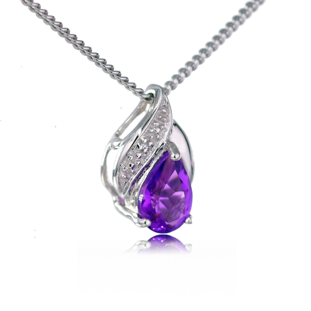 Sterling Silver Amethyst Pendant Natural Purple 0.65ct Real Diamond 18'' Chain