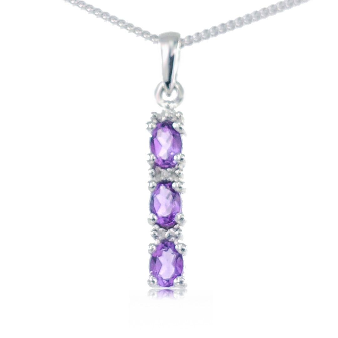 Amethyst and Diamond Drop Pendant Sterling Silver