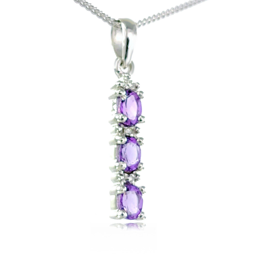 Amethyst and Diamond Drop Pendant Sterling Silver