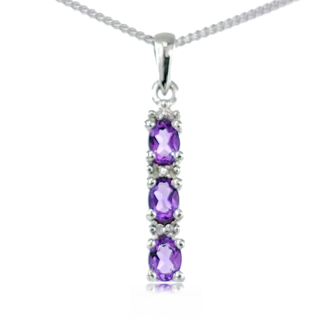 Amethyst and Diamond Drop Pendant Sterling Silver