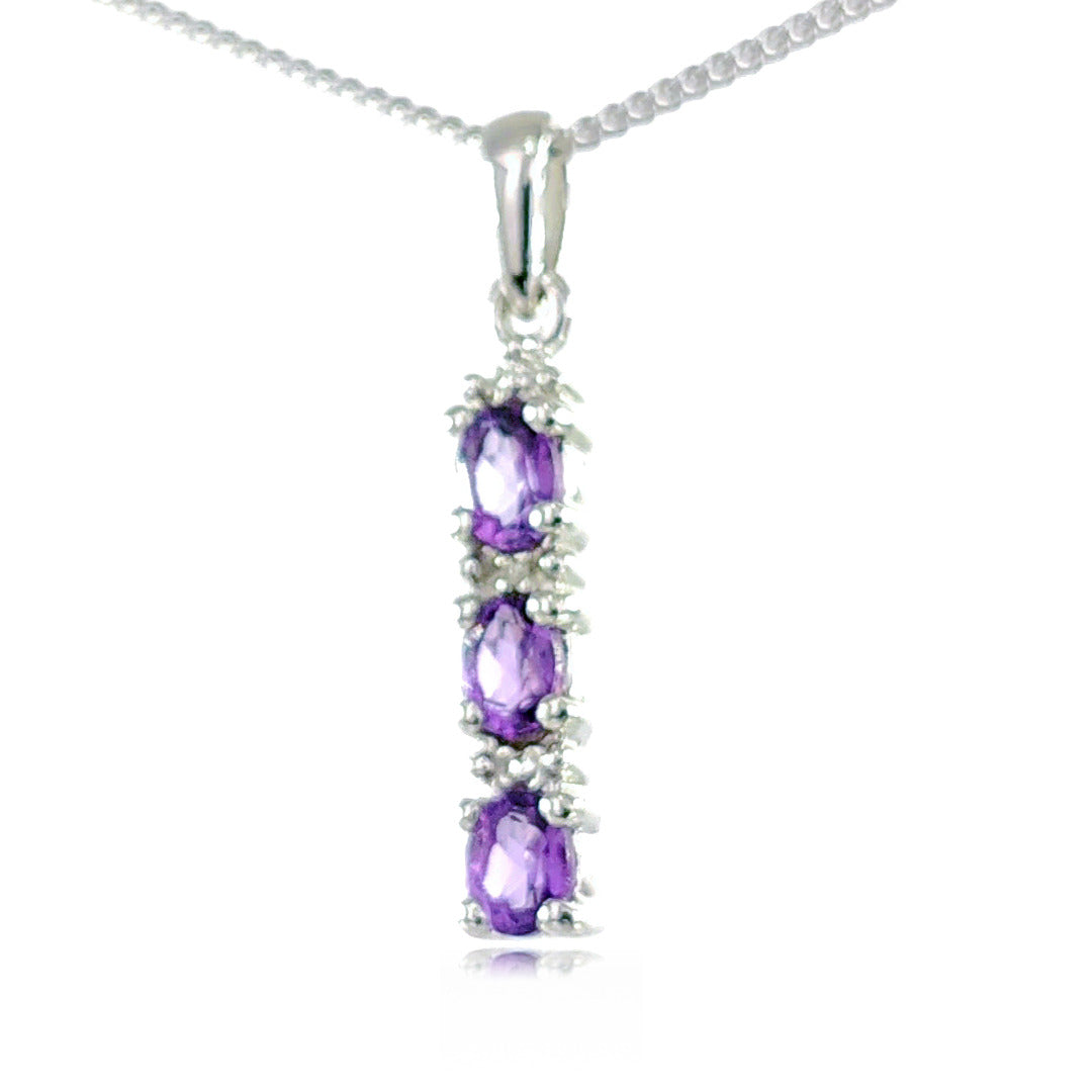 Amethyst and Diamond Drop Pendant Sterling Silver