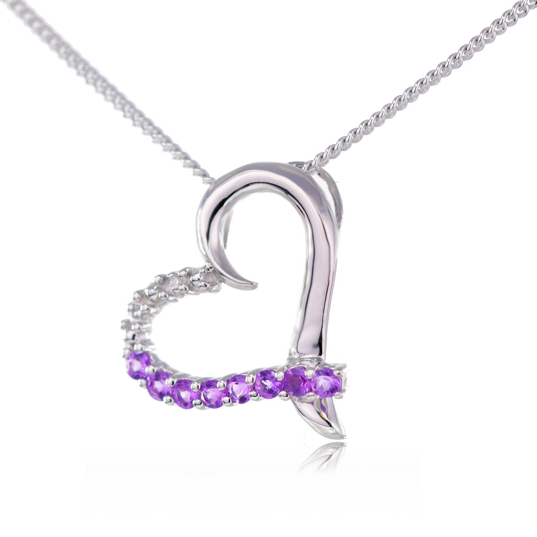 Amethyst and Diamond Heart Pendant Sterling Silver