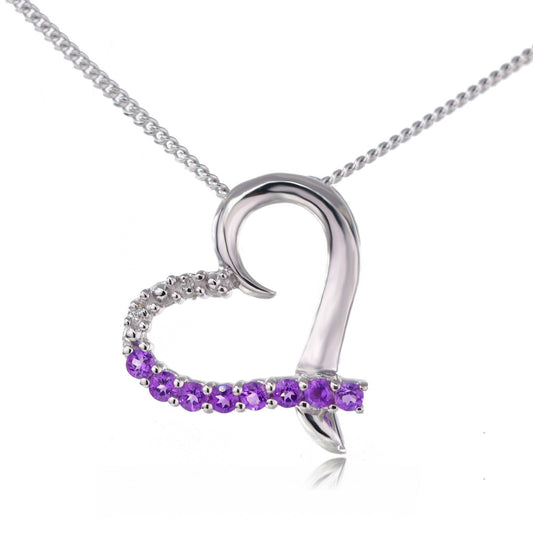 Amethyst and Diamond Heart Pendant Sterling Silver