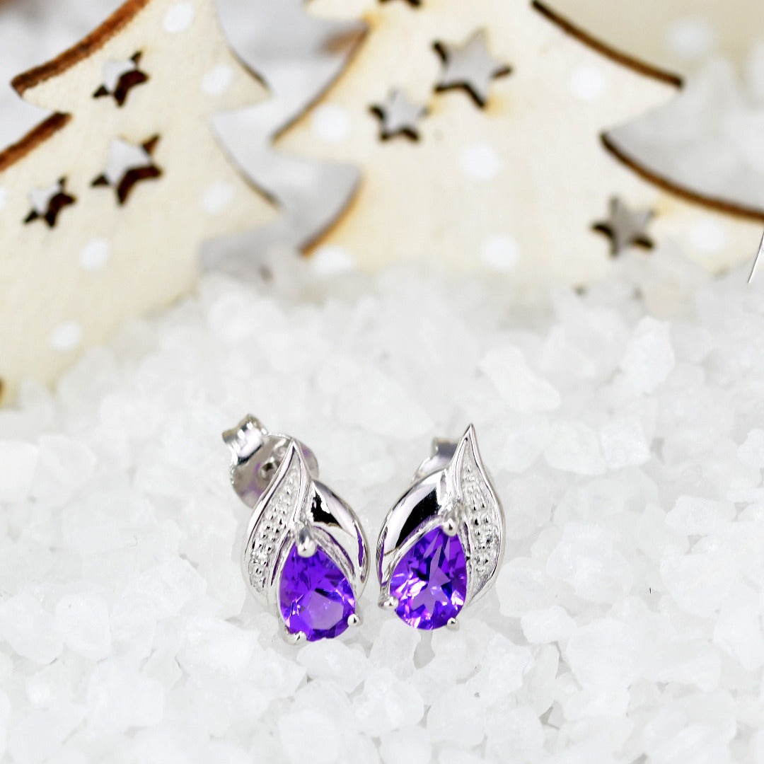 Silver Diamond Earrings Stud Amethyst Pear