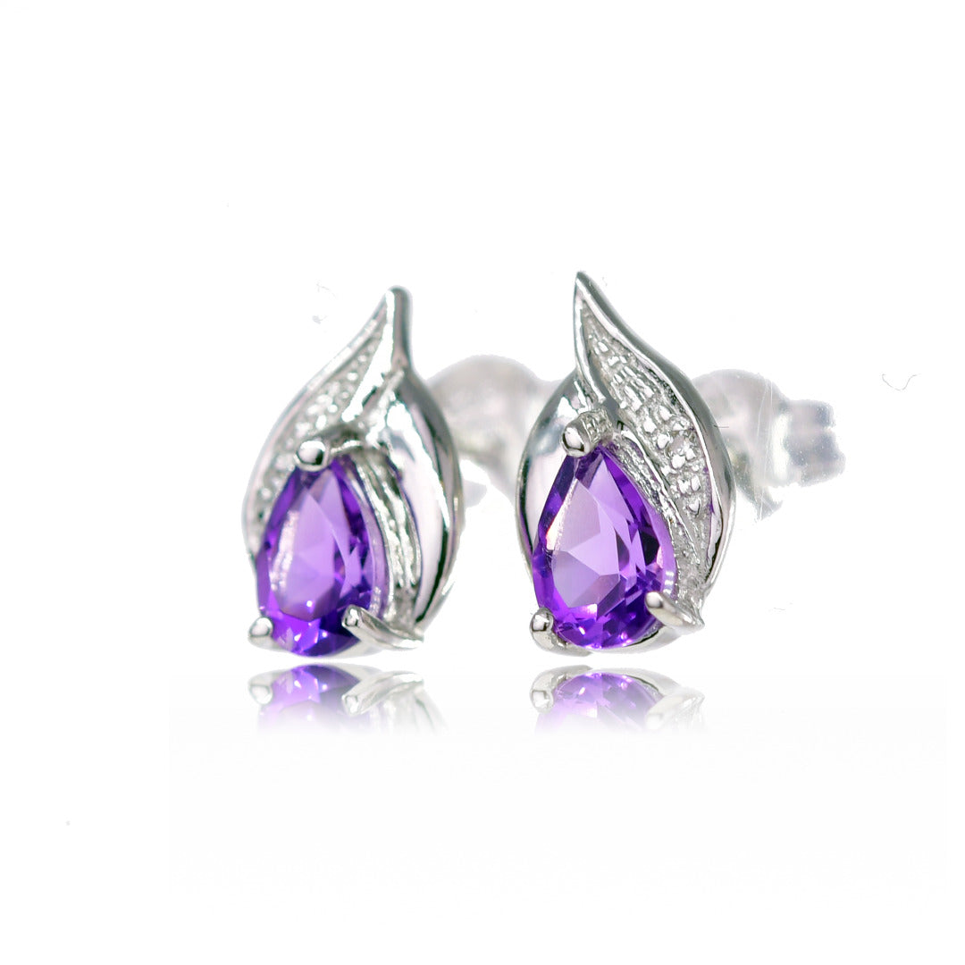 Silver Diamond Earrings Stud Amethyst Pear