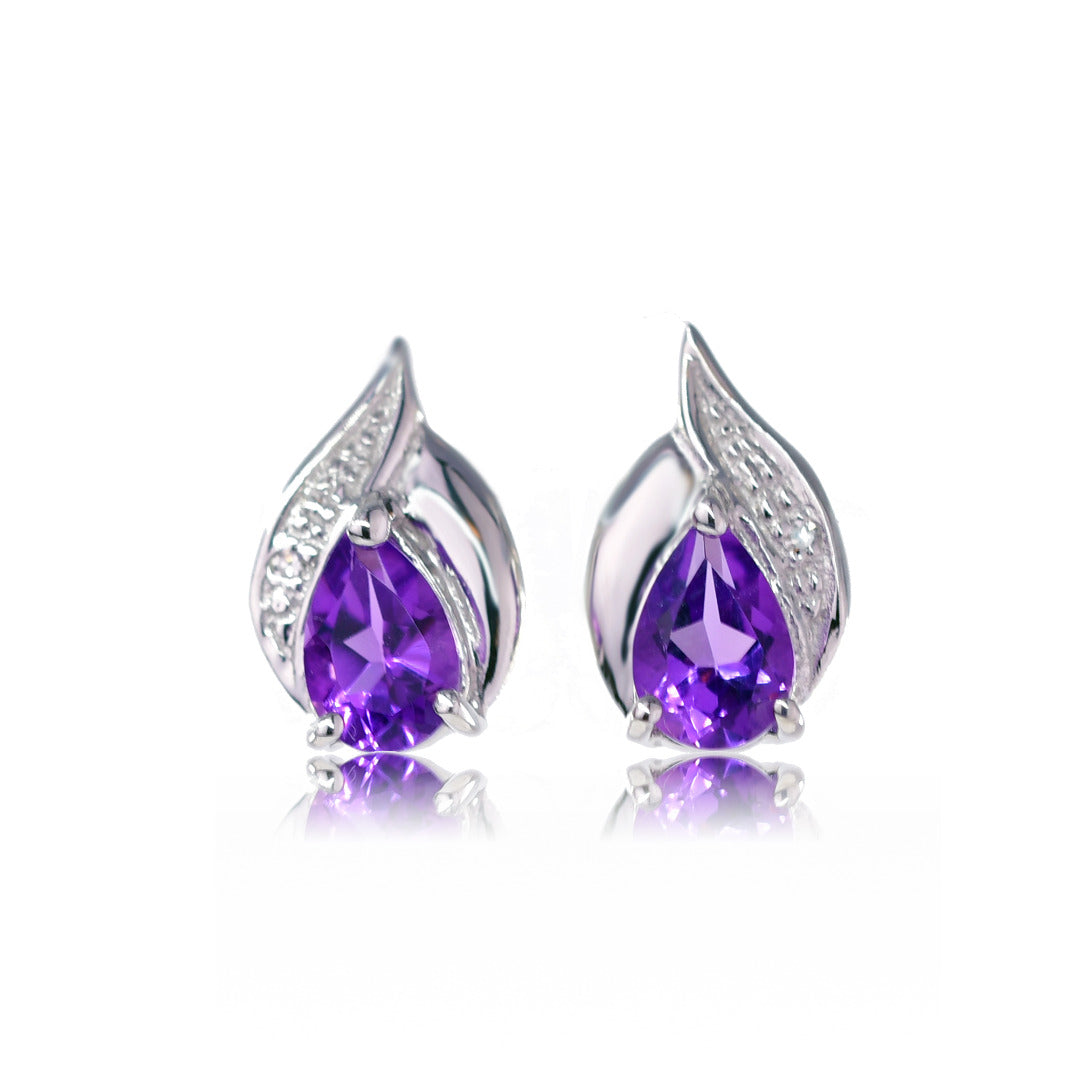 Silver Diamond Earrings Stud Amethyst Pear