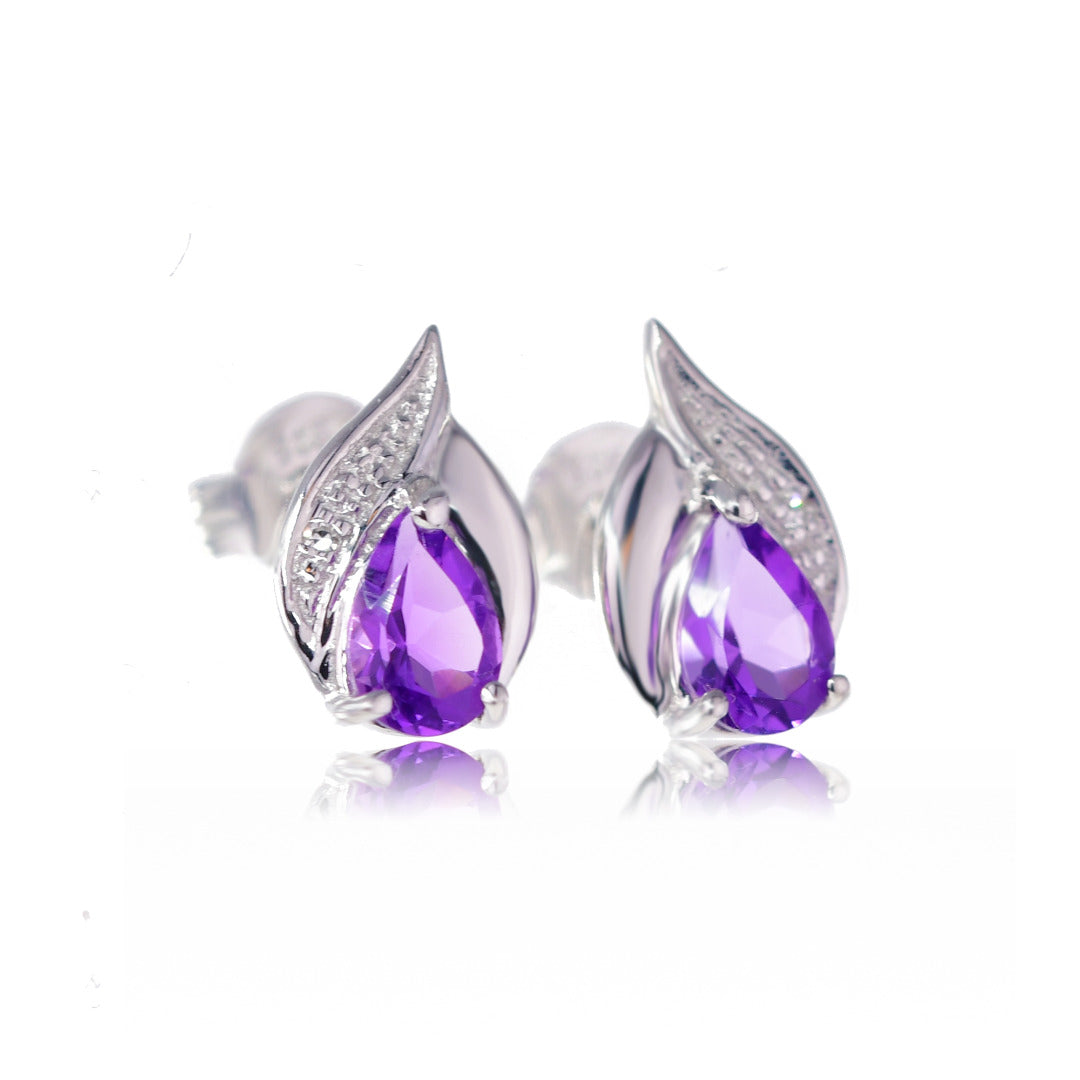 Silver Diamond Earrings Stud Amethyst Pear