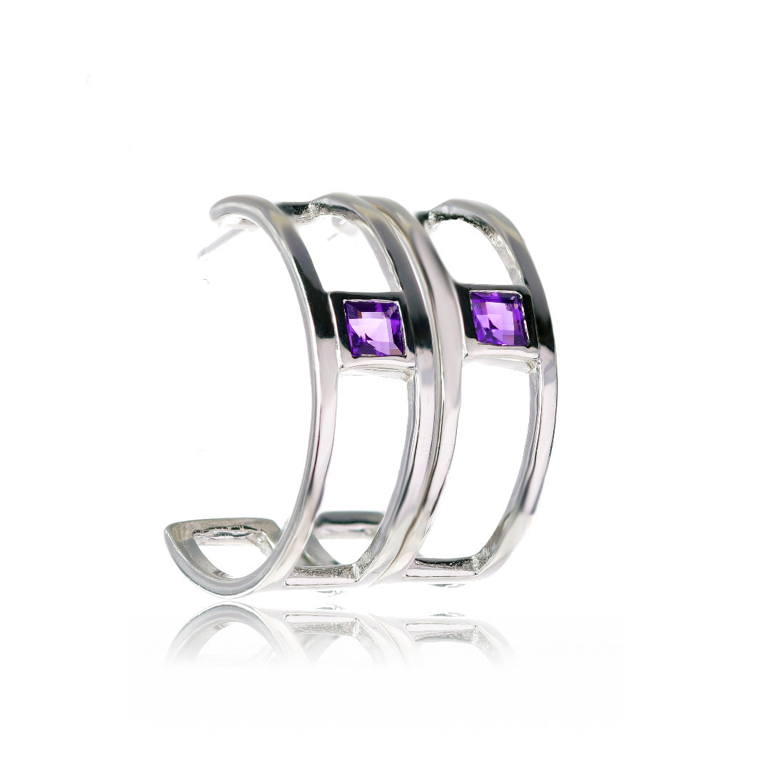 Amethyst Hoop Look Earrings Sterling Silver