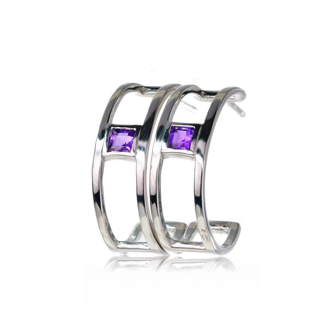 Amethyst Hoop Look Earrings Sterling Silver