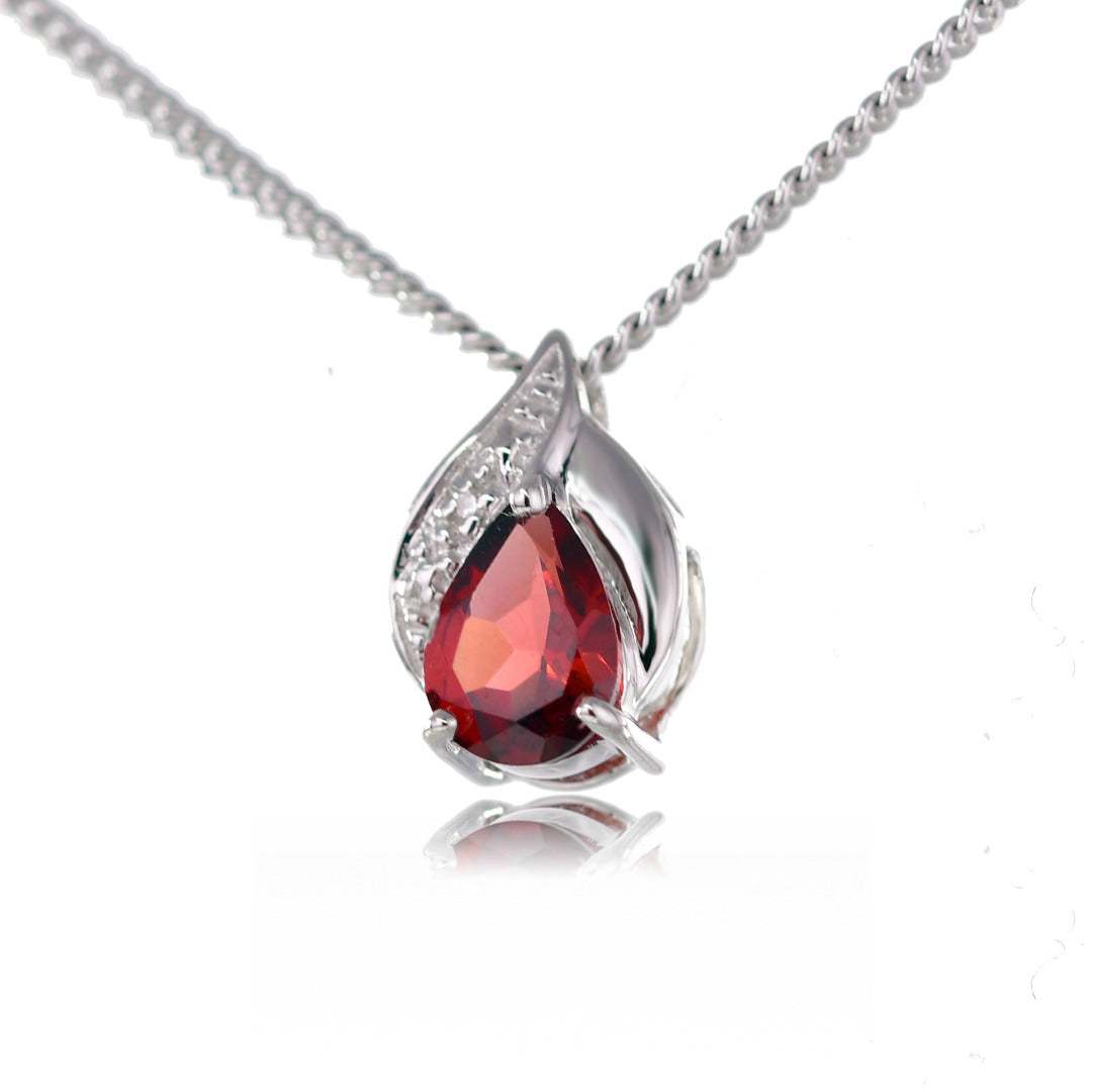 Silver Diamond Pendant Garnet Pear