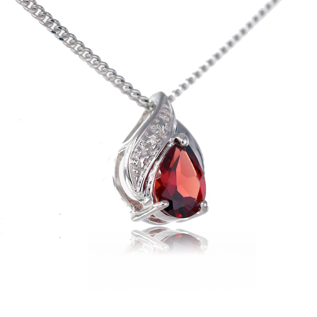 Silver Diamond Pendant Garnet Pear