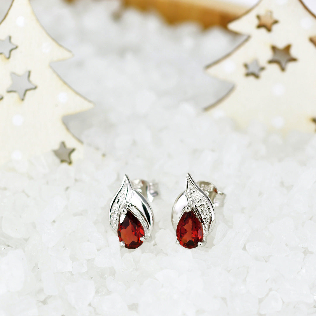 Silver Diamond Earrings Stud Garnet Pear