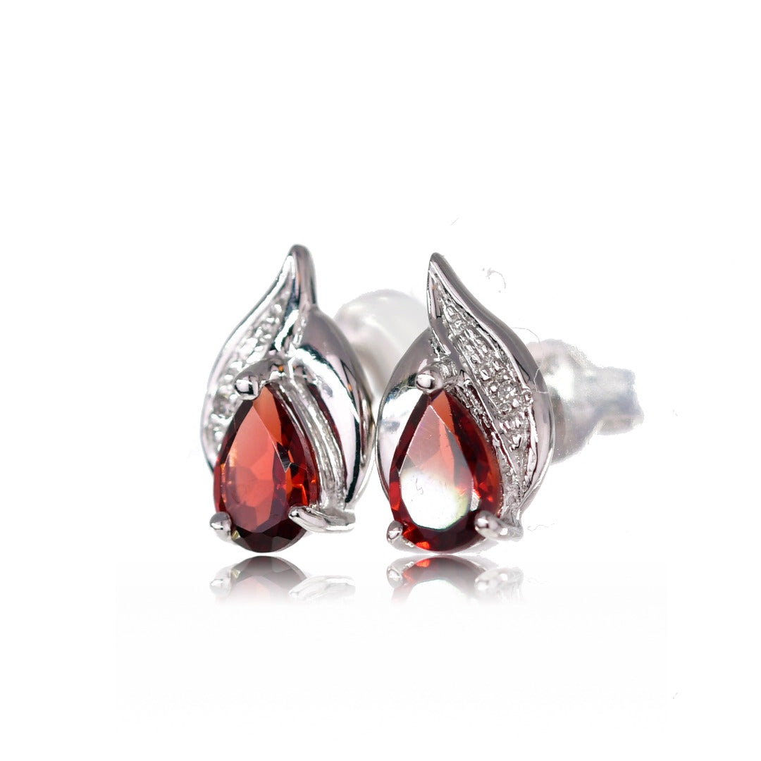 Silver Diamond Earrings Stud Garnet Pear