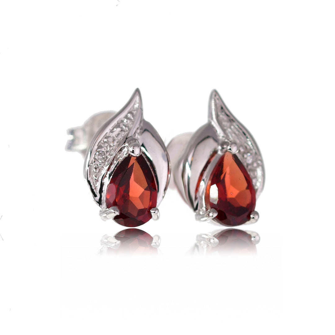 Silver Diamond Earrings Stud Garnet Pear