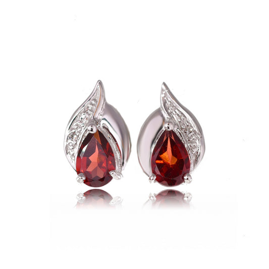 Silver Diamond Earrings Stud Garnet Pear