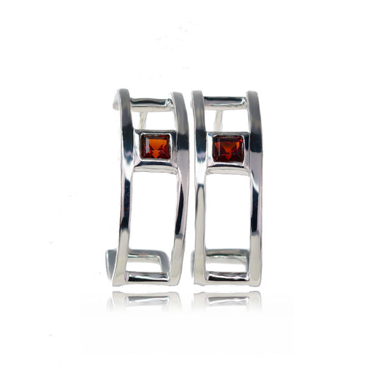 Garnet Hoop Earrings Sterling Silver Butterfly Fastening