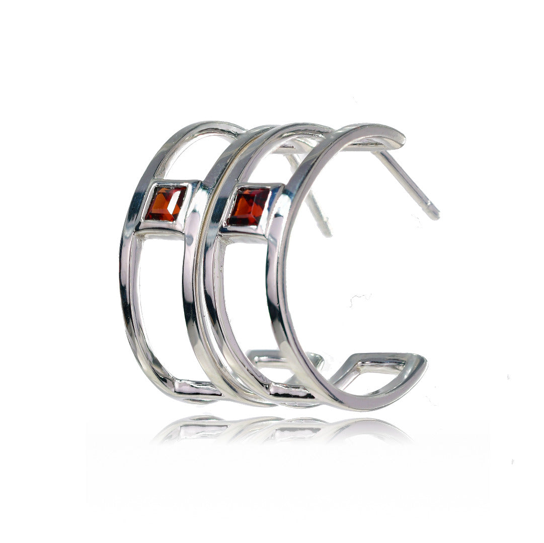 Garnet Hoop Earrings Sterling Silver Butterfly Fastening