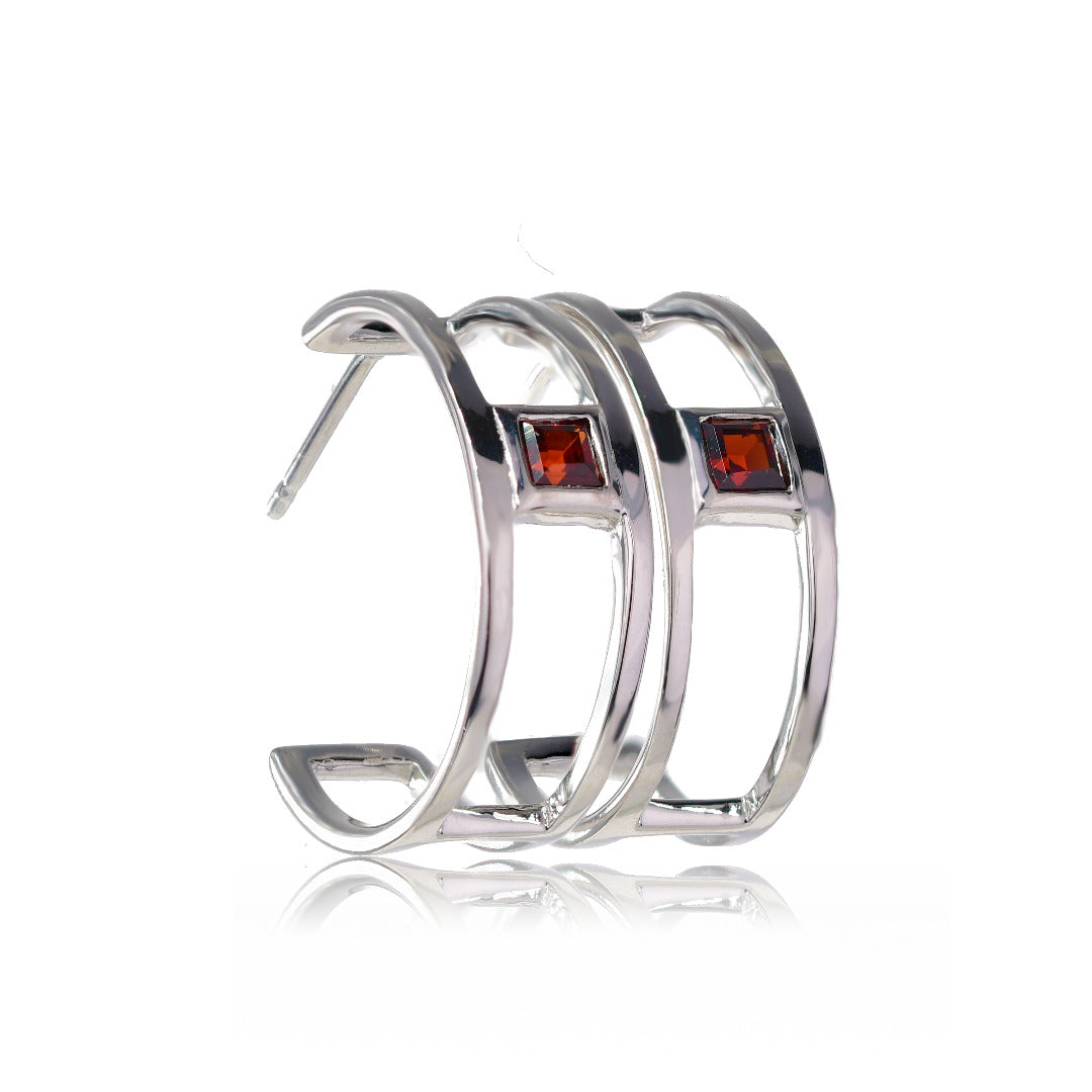 Garnet Hoop Earrings Sterling Silver Butterfly Fastening