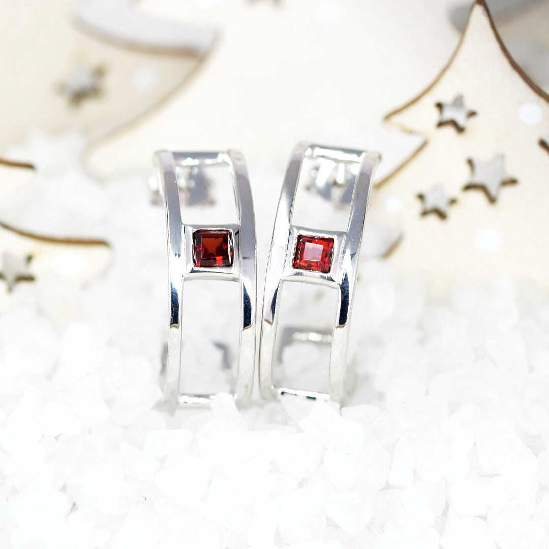 Garnet Hoop Earrings Sterling Silver Butterfly Fastening