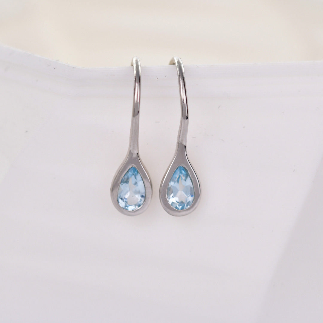 Silver Topaz Earrings 0.5ct Dangle Blue Pear Birthstone December