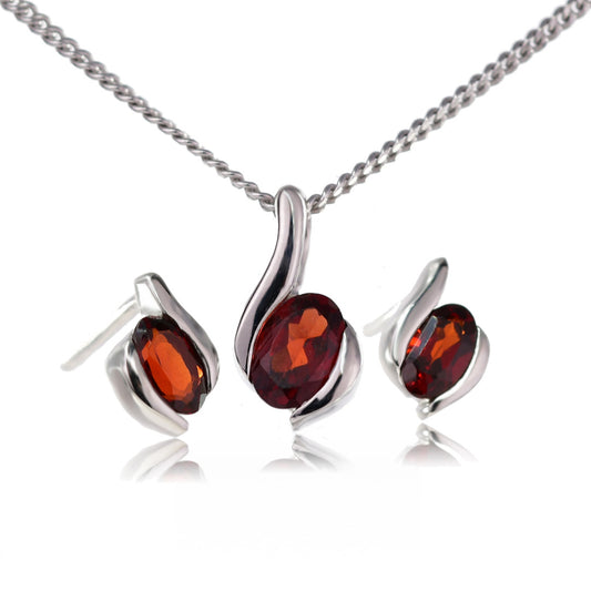 Garnet Necklace Earring Stud Set 1ct Sterling Silver Red 18'' January Birthstone