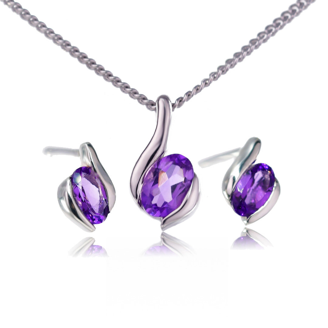 Amethyst Necklace Earring Set 0.91ct Purple Silver 18'' February Birthstone