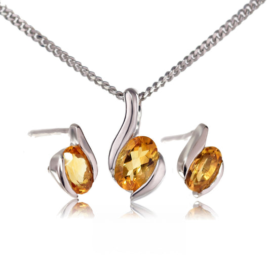 Citrine Necklace Earring Set 0.91ct Silver Stud Yellow Pendant 18'' November Birthstone