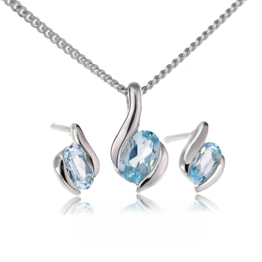 Topaz Necklace Earring Set 1.11ct Sterling Silver Blue Pendant 18'' December Birthstone