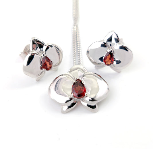 Set Garnet Necklace Earrings Silver Orchid Pendant Stud 0.75ct January Birthstone