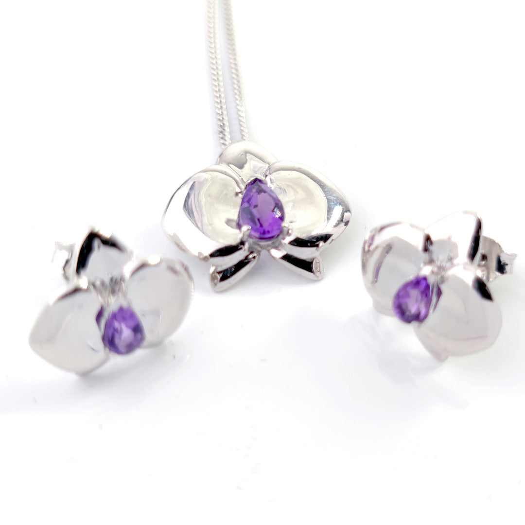 Set Amethyst Necklace Earrings Silver Orchid Pendant Stud 0.75ct February Birthstone