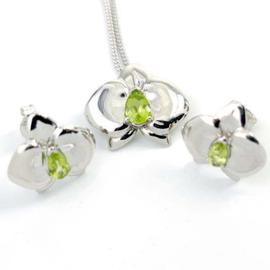 Peridot Orchid Necklace Earrings