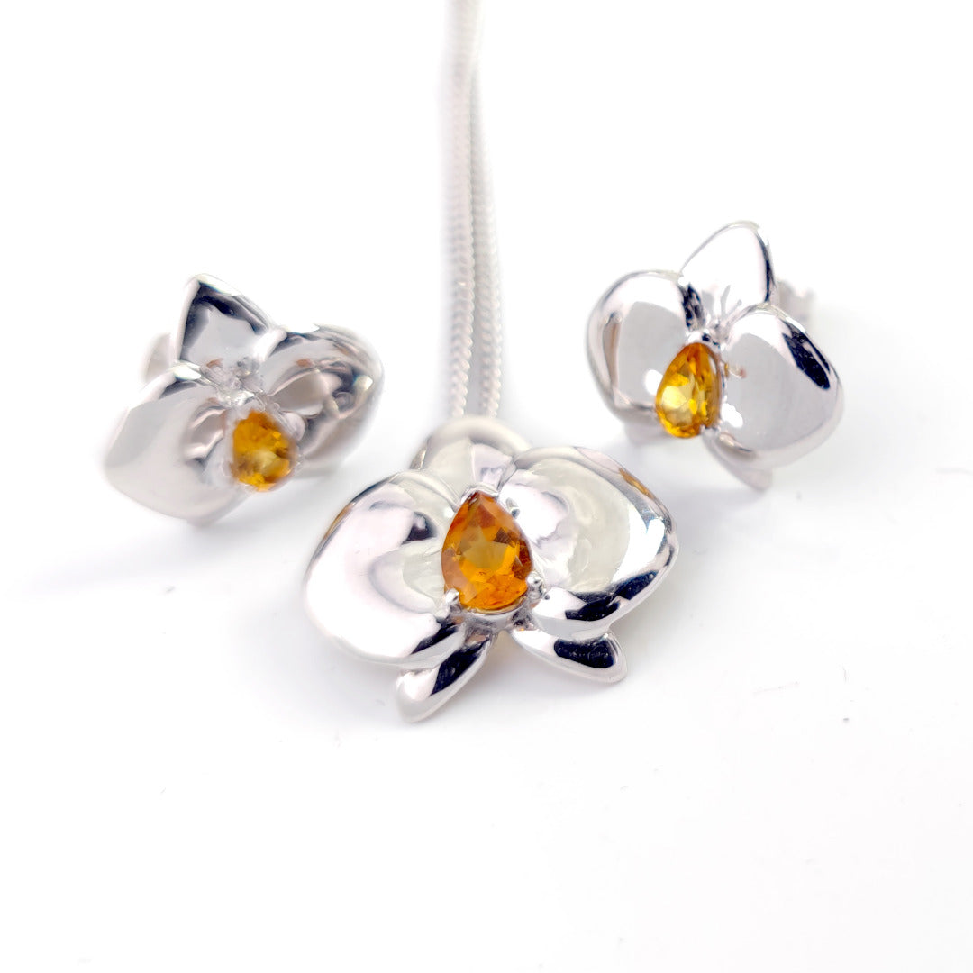 Citrine Necklace Earring Set Silver Orchid Pendant Studs 0.75ct November Birthstone