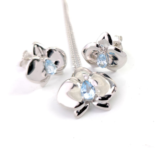 Topaz Necklace Earring Set Silver Orchid Pendant 1ct December Birthstone