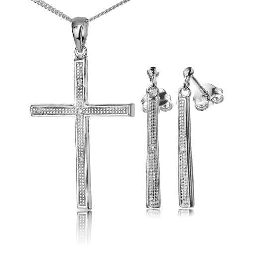 Diamond Cross Necklace Dangle Earring Set April Birthstone