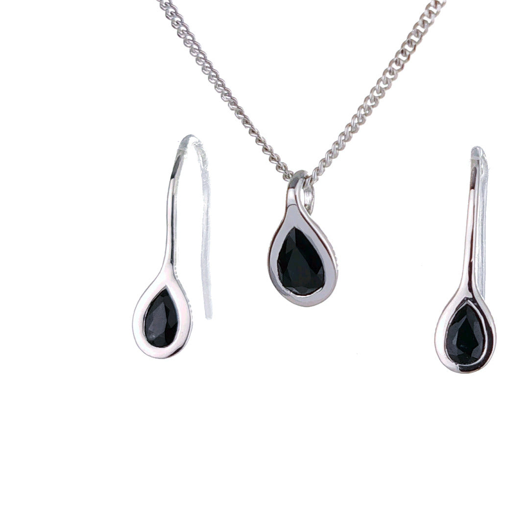 Sapphire Necklace Earring Set 1.1ct Pear Blue Pendant Silver September Birthstone