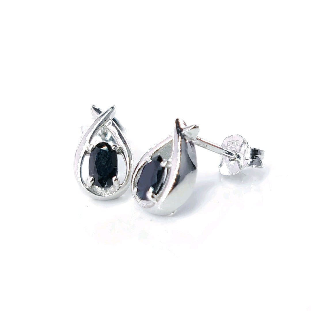 Sapphire Earrings 0.7ct Pear Blue Twist Studs Sterling Silver September Birthstone