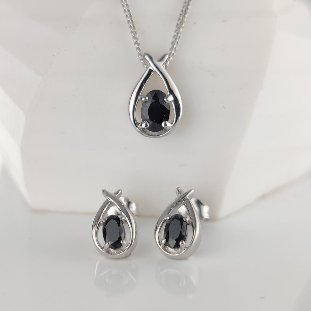 Sapphire Necklace Earring Set 1.3ct Pear Blue Twist Sterling Silver September Birthstone