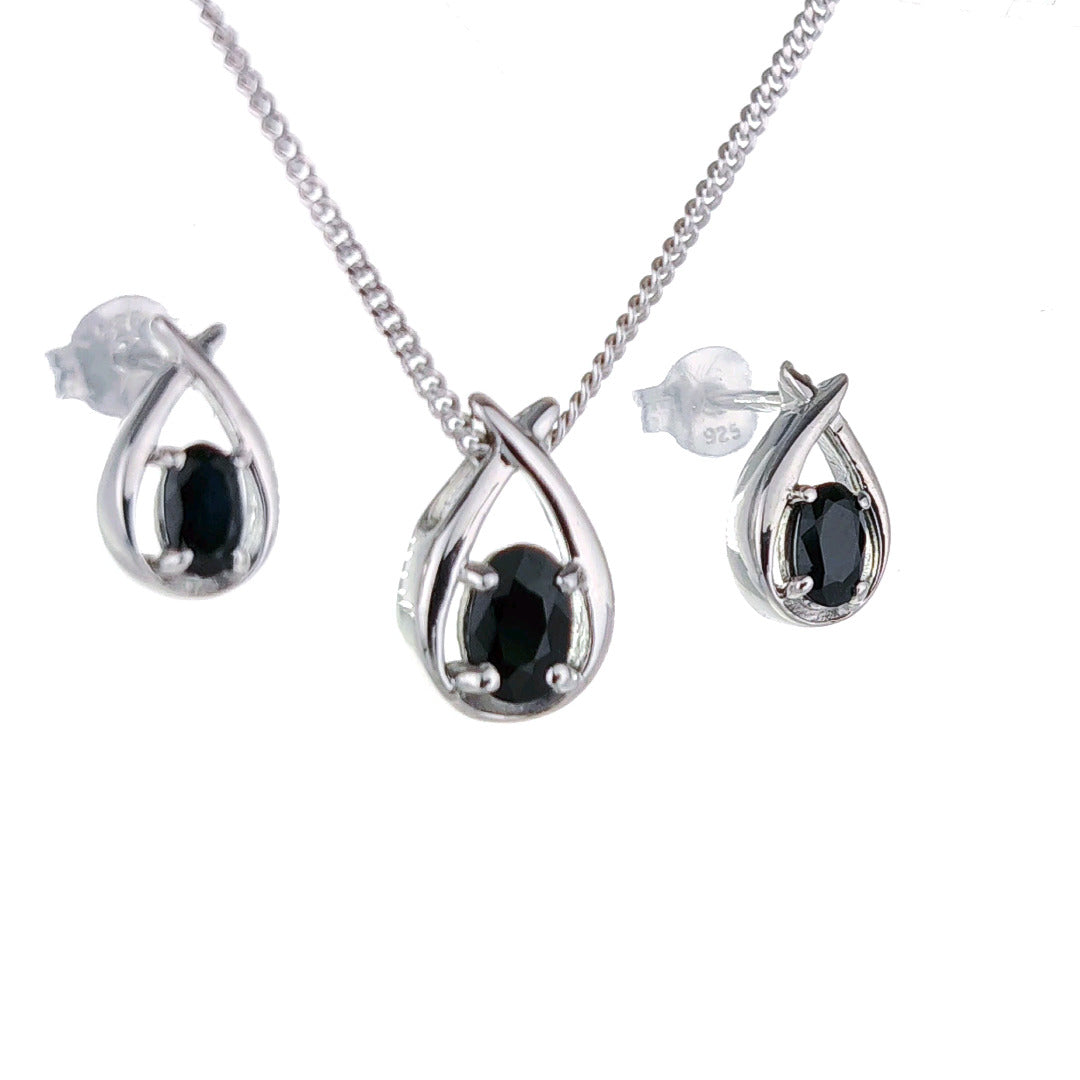 Sapphire Necklace Earring Set 1.3ct Pear Blue Twist Sterling Silver September Birthstone