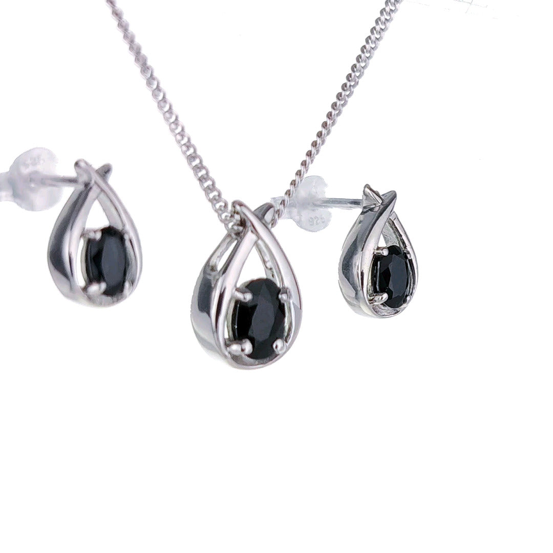 Sapphire Necklace Earring Set 1.3ct Pear Blue Twist Sterling Silver September Birthstone