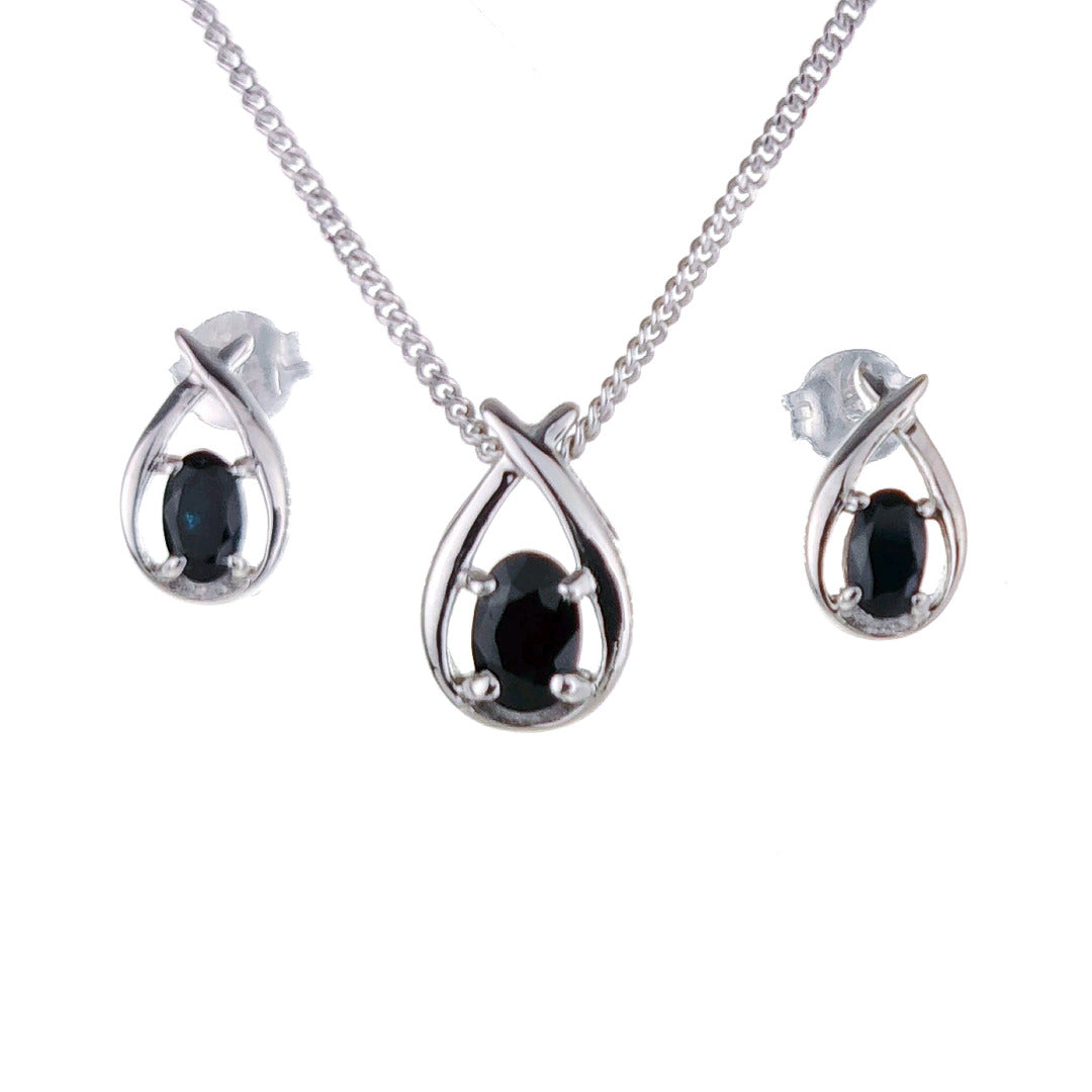 Sapphire Necklace Earring Set 1.3ct Pear Blue Twist Sterling Silver September Birthstone