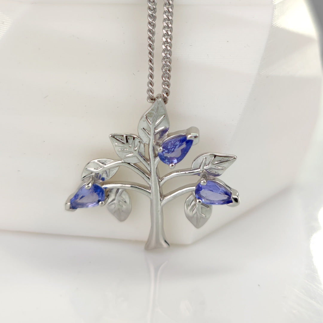 Tanzanite Necklace 0.6ct Pear Blue Tree of Life Pendant Silver December Birthstone