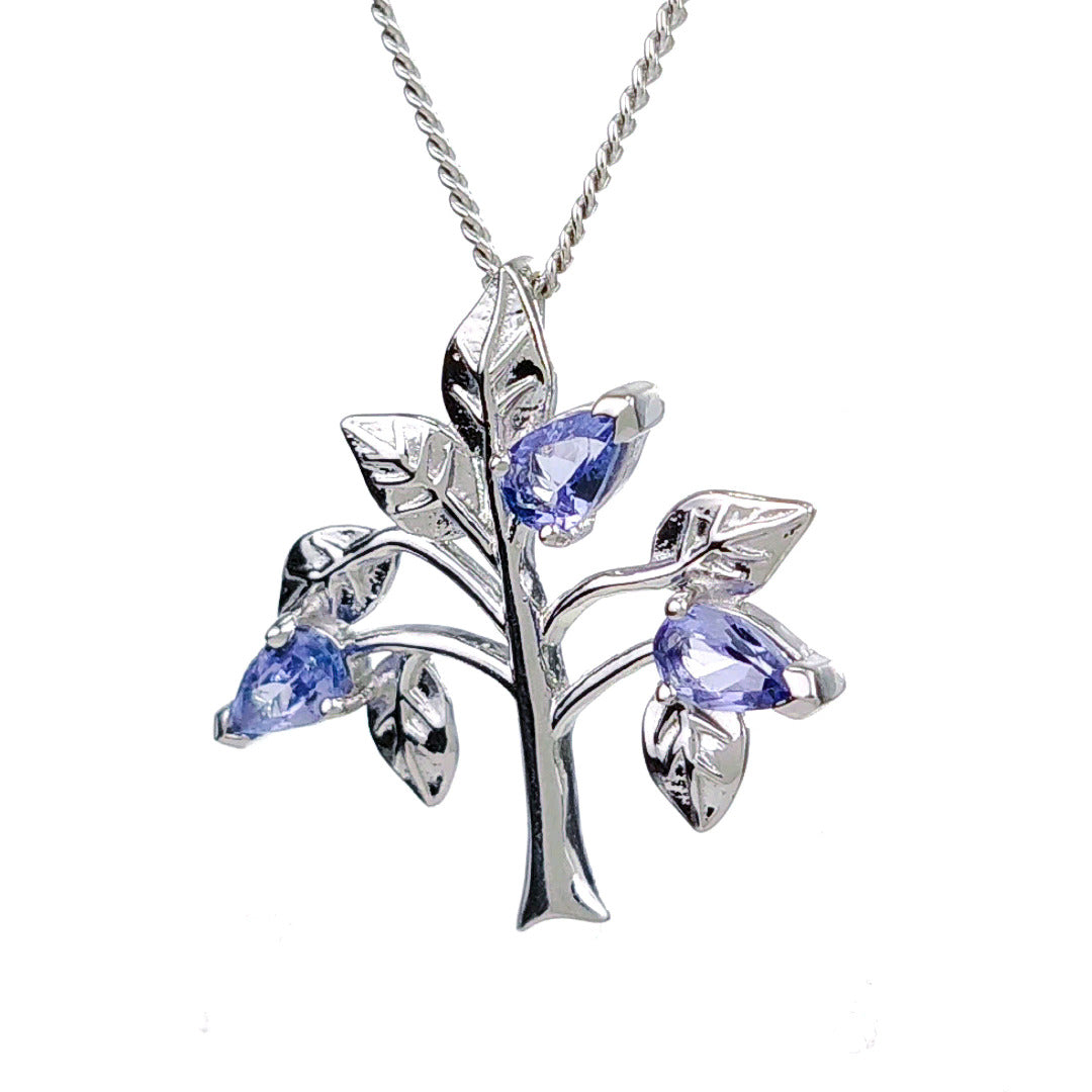 Tanzanite Necklace 0.6ct Pear Blue Tree of Life Pendant Silver December Birthstone