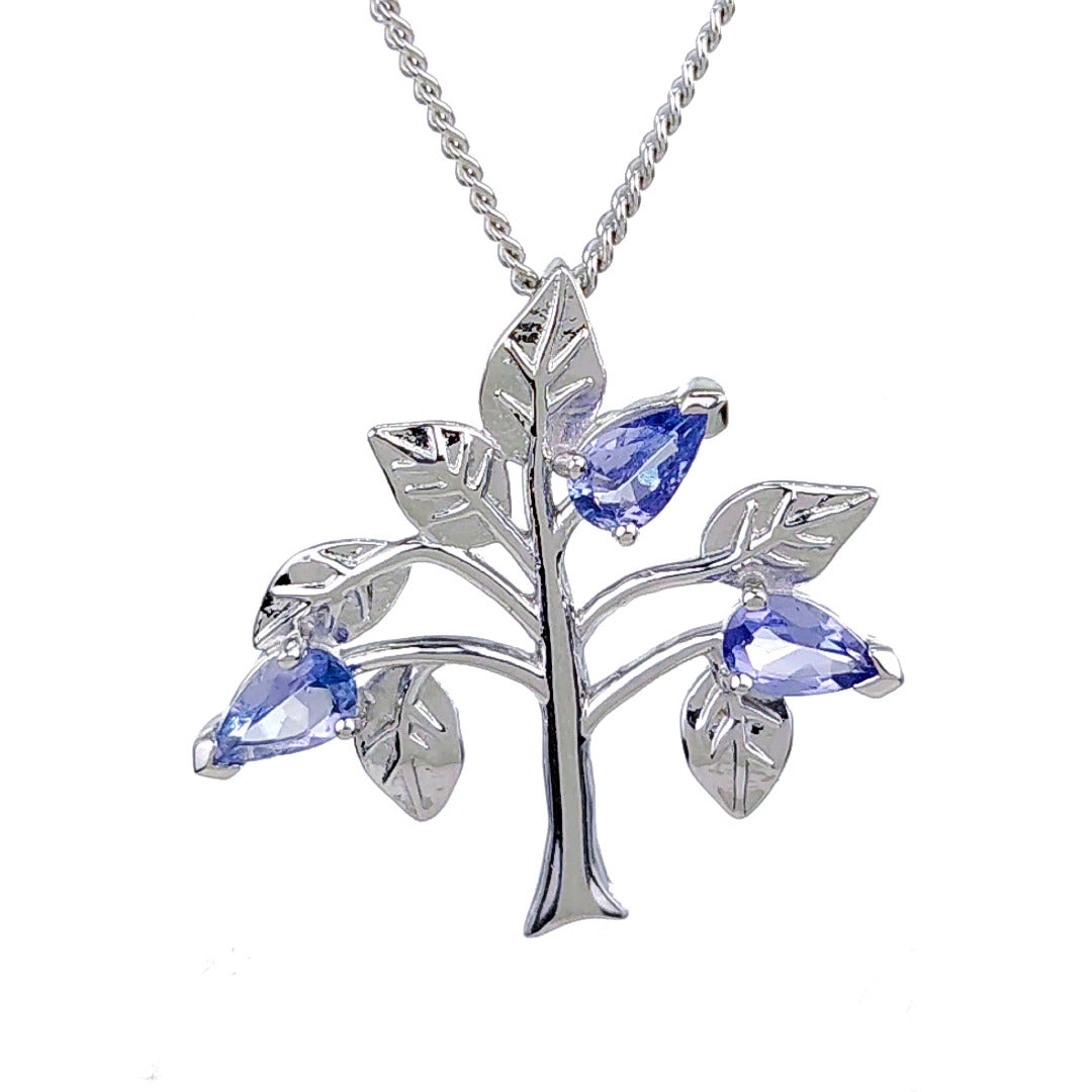 Tanzanite Necklace 0.6ct Pear Blue Tree of Life Pendant Silver December Birthstone