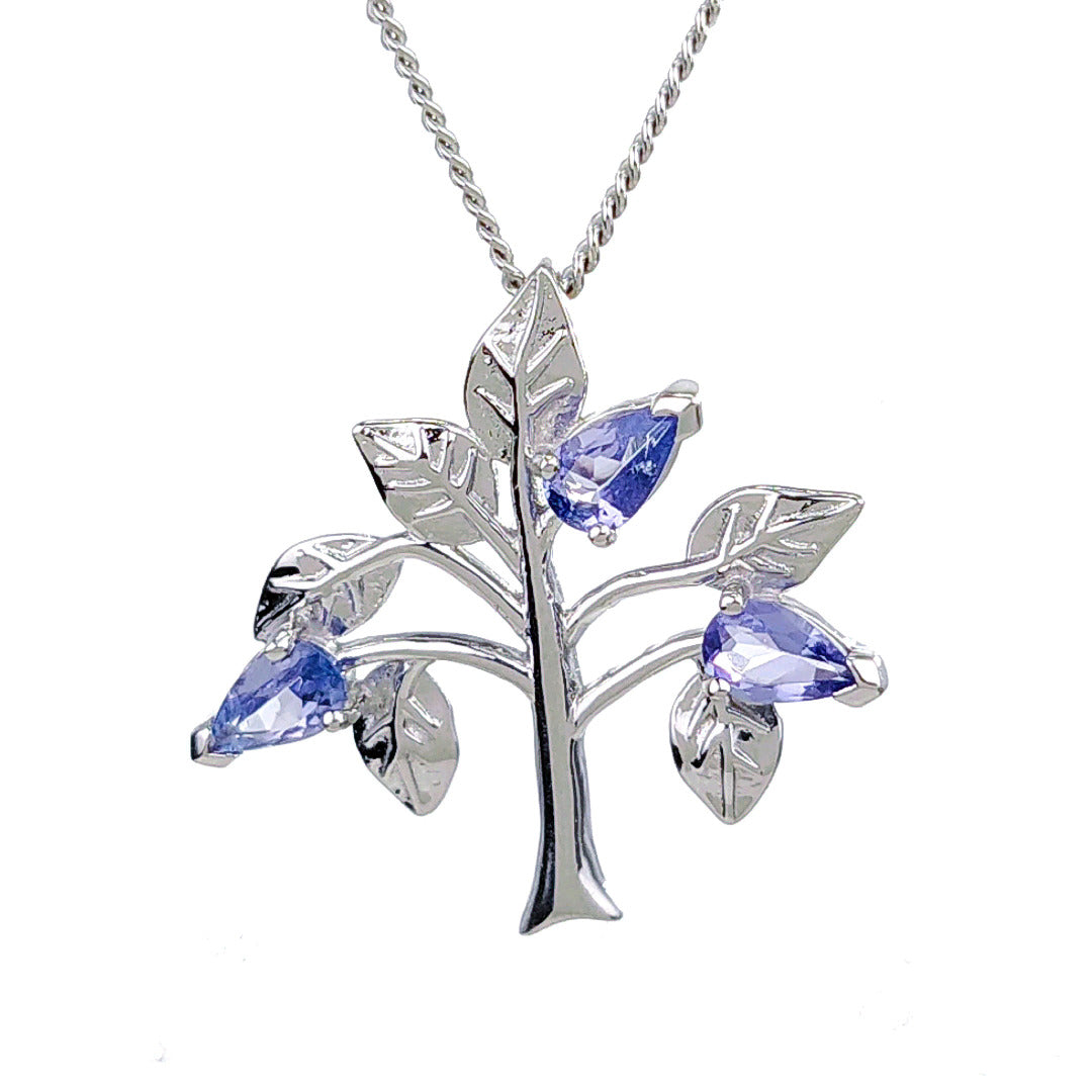 Tanzanite Necklace 0.6ct Pear Blue Tree of Life Pendant Silver December Birthstone